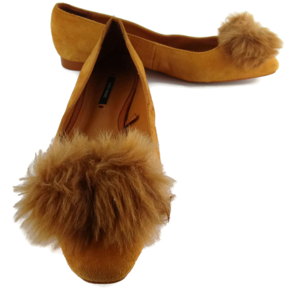 ZARA Basic Pom Pom Mustard Yellow Suede Flats